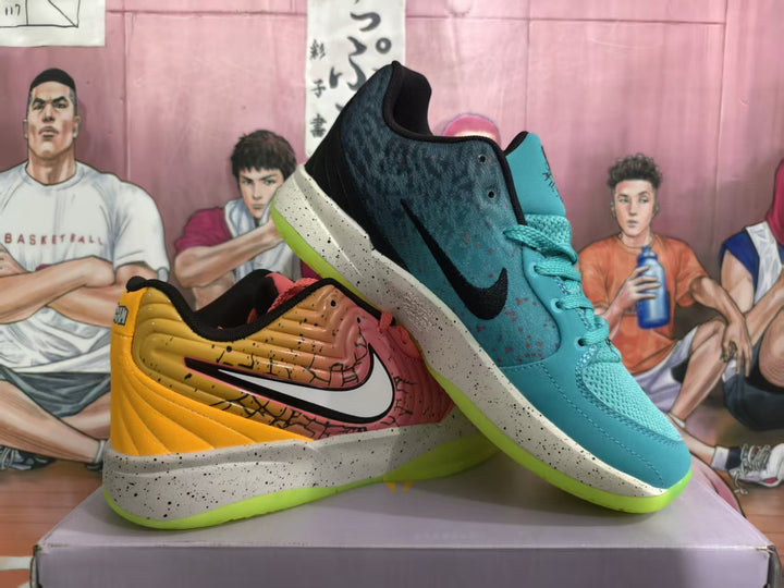Two multicolor Nike basketball sneakers displayed on a box, showing turquoise and coral uppers, black swooshes, speckled midsoles and bright green outsoles.