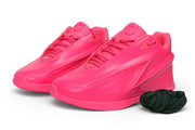 Pair of vivid pink Nike KD 19 basketball shoes, shown from the front and side.