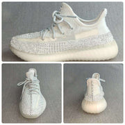 Composite view showing side, front, and rear angles of the white and silver sneaker.