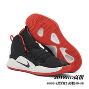 Black Nike Hyperdunk high-top shoe with red trim and outsole, shown beside the patterned outsole; image text gives style code 8066-4 and size range 40-46.