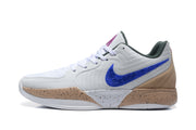 Side profile of a white Jordan basketball sneaker with a blue side logo, tan-gold speckled midsole, and white outsole.
