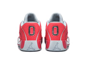 Rear view of the red and light gray Jordan Luka 4 shoes