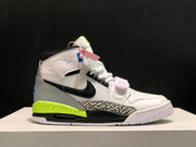 Side view of the white, black and grey high-top sneaker with blue eyelet detail and neon yellow midsole.