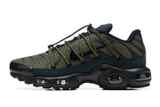 Side profile of olive and black Nike TN sneaker with Swoosh