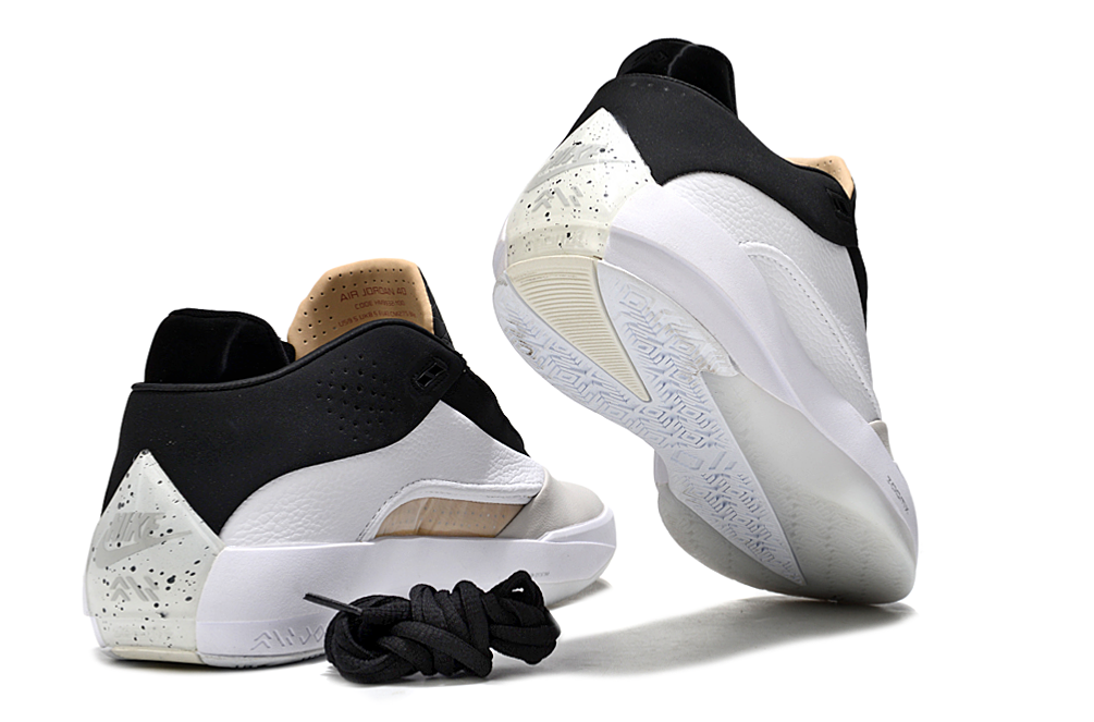 Air Jordan 40 shoes showing the heel, outsole, and white, black, and light neutral color blocking