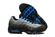Nike Air Max 95 TT sneakers shown from the side and underneath in grey, black and blue.