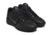 Three-quarter front view of the black shoes