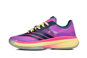 Side profile of one purple and pink shoe with dark stripes, pale yellow laces and a yellow-toned sole.