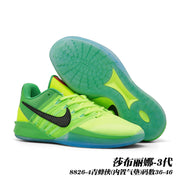 Neon green Sabrina 3 basketball shoes with green and aqua outsole details; caption gives style code 8826-4 and sizes 36–46.