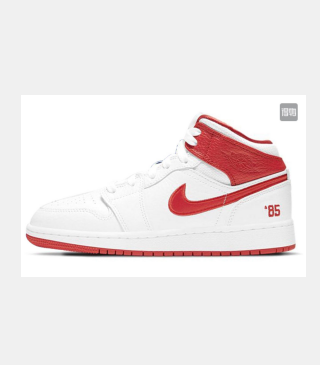 White and red high-top sneaker with a red Swoosh, red collar panel, red outsole, and visible '85' heel marking.