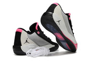 Black, pink and light gray Luka.77 sneakers shown from the rear and outsole angles.