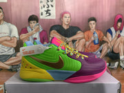 Side view of multicolor Nike basketball shoe with purple forefoot, green panels, patterned laces, and Air Zoom branding