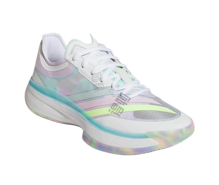 White and blue low-top sneaker with layered side stripes, white laces, mesh-style panels, and a multicolor translucent-looking sole edge.