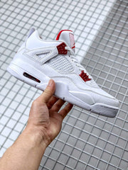 Side profile highlighting the white high-top shape, red accents, and outsole pattern.