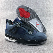 Pair of dark navy Jordan Air Jordan 4 sneakers shown from the side with one outsole facing upward.