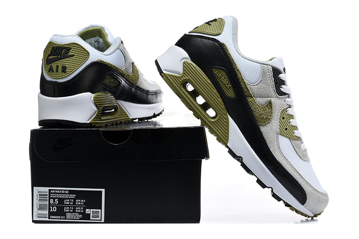 Nike Air Max 90 QS sneakers in white, black and olive shown with the shoebox; the box label shows a sample size.