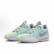Pair of pale green and light blue Nike basketball sneakers with purple collar accents.