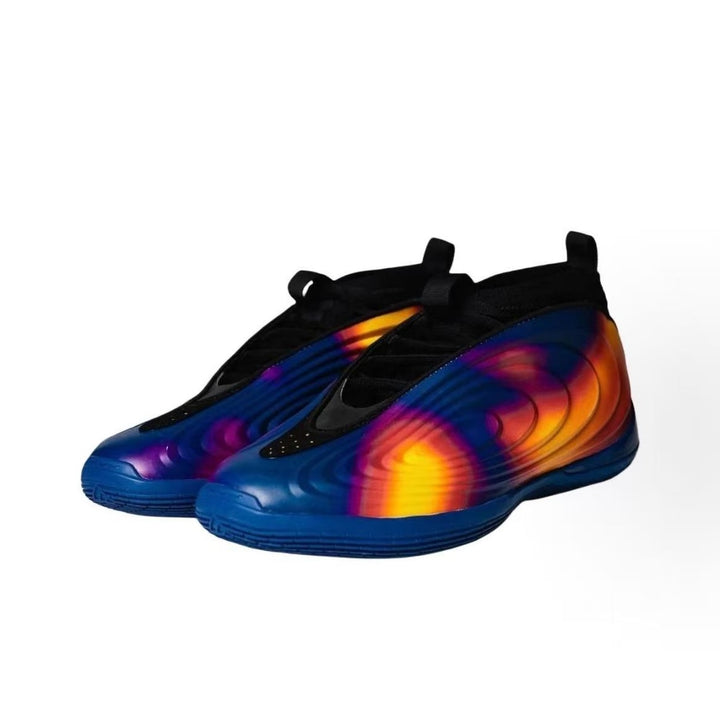 Pair of blue, black, yellow, orange, and purple 939-12 low-top sneakers shown against a white background.