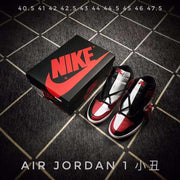 Pair of black, red, and white high-top sneakers beside a shoe box; visible size text includes 40.5, 41, 42, 42.5, 43, 44, 44.5, 45, 46, and 47.5.