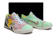 Pair of multicolor low-top shoes with a dark box behind them.