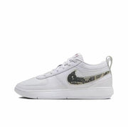 White low-top sneaker with a dark patterned side swoosh and perforated collar.