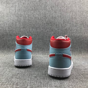 Rear view showing the ice blue heel panels, red collar, and white midsoles.