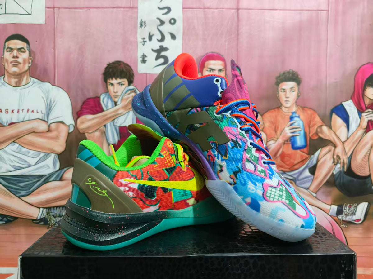 Mismatched colorful basketball sneakers displayed together on a black box against an illustrated basketball-themed backdrop.