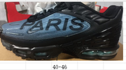 Side view of the black and blue sneaker; a size chart image beneath it displays 40–46.