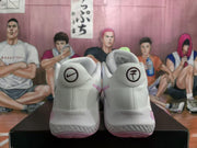 Rear view of the white basketball sneakers showing KD heel logos, padded collars, and purple outsole details.