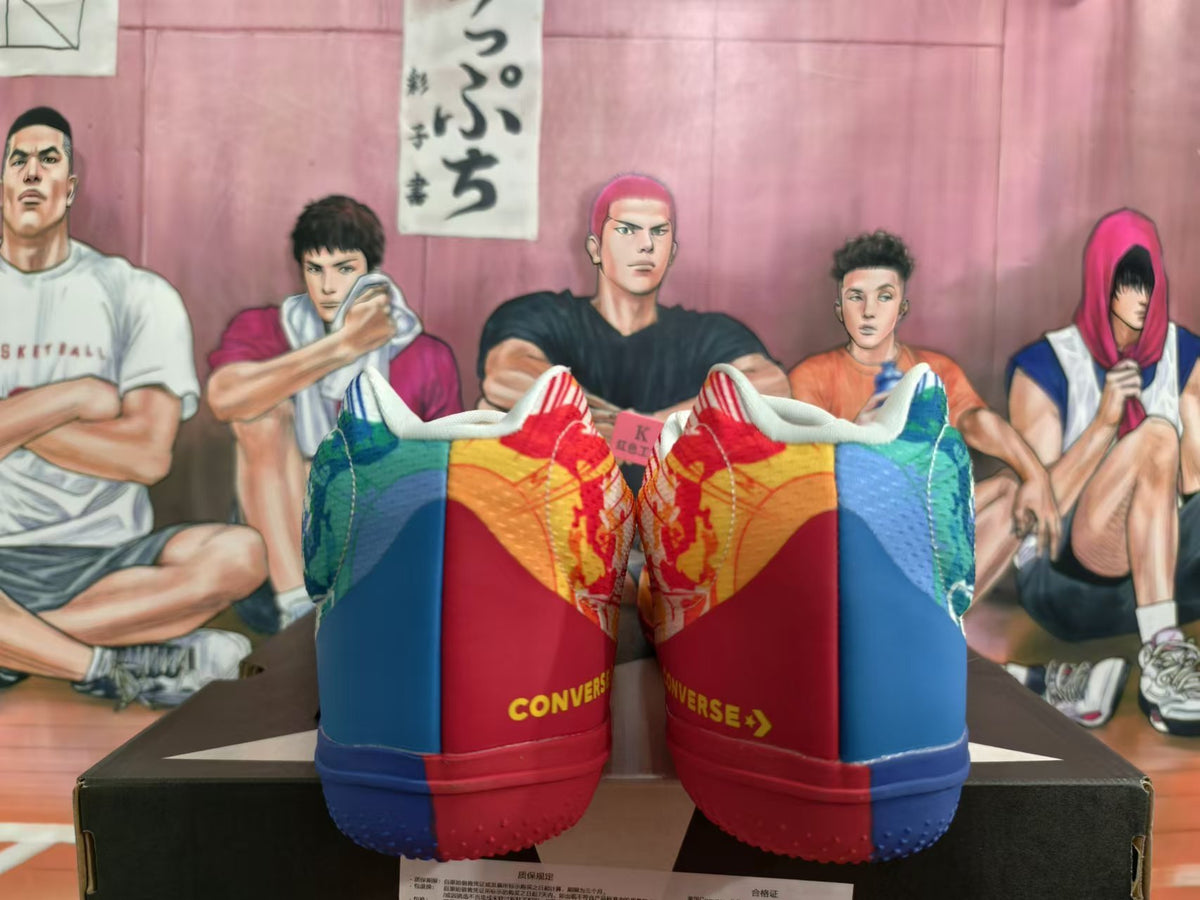 Rear view of mismatched red and blue Converse basketball shoes with graphic panels and yellow accents.
