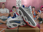 Angled view of two white Nike sneakers displaying the patterned side panels, blue logos, oval sole details, and red outsole accents.