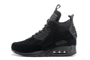 Side profile of a black high-top Air Max 90 sneakerboot