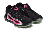 Three-quarter view of the black and pink basketball shoes with lace-up fronts, padded collars, and translucent toe sections.