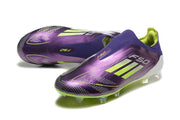Pair of purple and lime adidas F50 laceless soccer cleats, shown from above and at an angle.