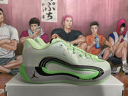 Side profile of a light green Jordan basketball sneaker with black and grey detailing and a visible Cushlon marking.