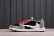 Side profile showing the black and grey upper, large white Swoosh, red laces, and white midsole.