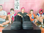 Front view of black lace-up basketball shoes