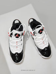 Top-down view showing white laces, padded black collars, and Jordan tongue logos.
