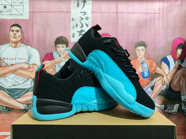 Pair of black and bright blue Jordan sneakers displayed against a basketball-themed backdrop.