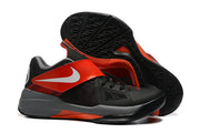 Black and red Nike KD 4 shoe with a gray midsole and black outsole.