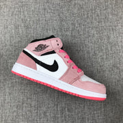 Angled outer-side view showing the pink overlays, black Swoosh, white panels and pink outsole.