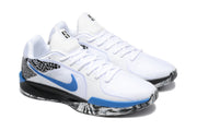 Pair of white and blue Nike basketball shoes viewed at an angle
