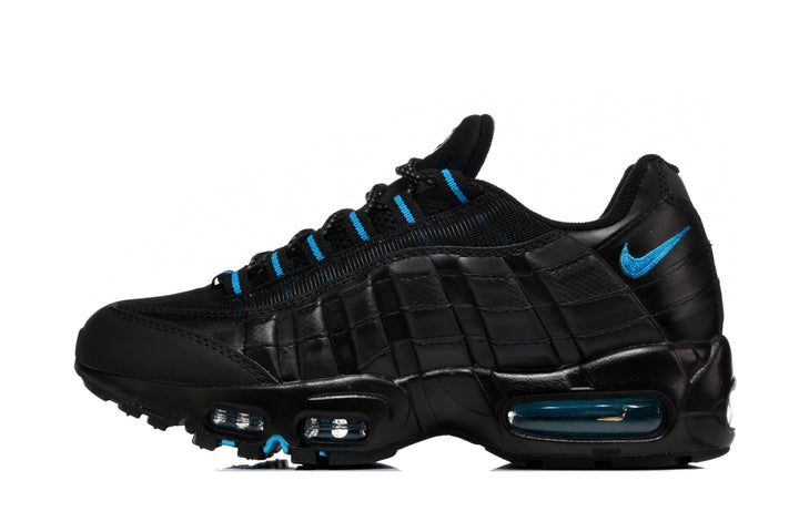 Side view of black Nike Air Max 95 sneakers with bright blue accents and visible cushioning windows.