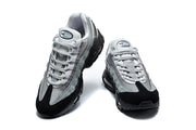 Pair of grey and black Nike Air Max 95 sneakers viewed from the front