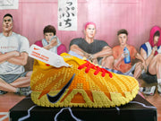 Side view of the yellow shoe showing its textured upper, Swoosh logo, and sculpted outsole.
