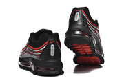 Rear and outsole views highlighting the black, red, and silver details.