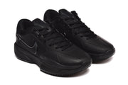 Three-quarter front view of the matching black lace-up sneakers with padded tongues and collars.