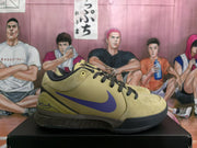 Side profile of an olive Nike basketball sneaker with purple side branding, black outsole and heel signature graphic.