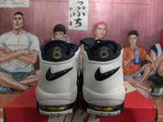 Rear view of light and dark Nike high-top sneakers with Swoosh logos and visible sole cushioning.