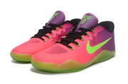 Pair of pink and purple Kobe 11 shoes with green accents, viewed from the front